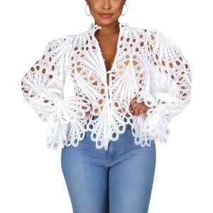 Women White Sexy Ruffle Long Sleeve Summer Lace Tops Flare Shirt V Neck Blouses